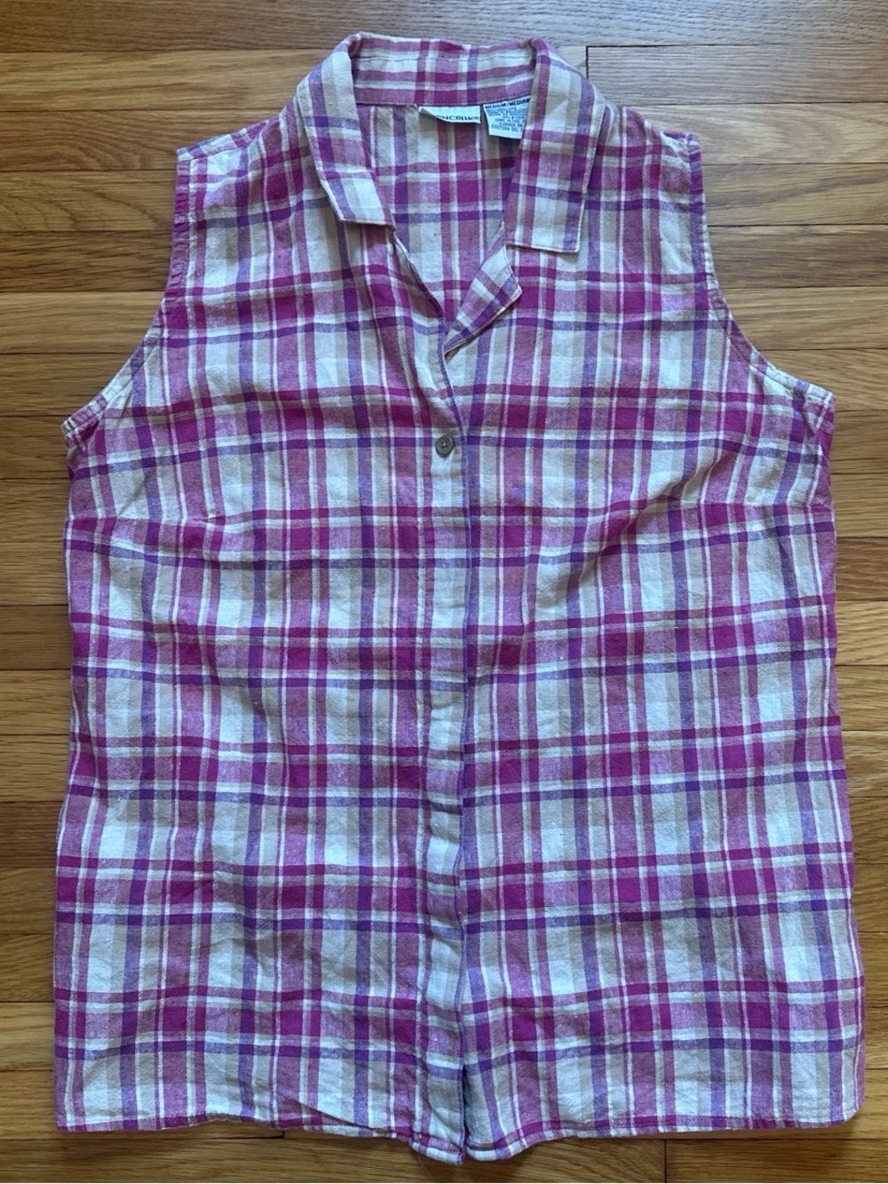 Vintage 90s Sleeveless Plaid Button-Up Top in Pink and Cream
